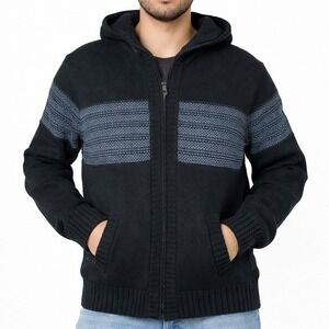 Anapo Mens Black Zip Hoodie Sweater Blue Stripe Textured Knit Casual Streetwear
